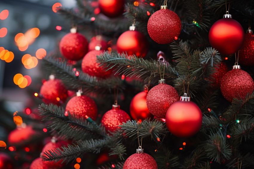 A close up photo of an outdoor Christmas tree decorated with bri