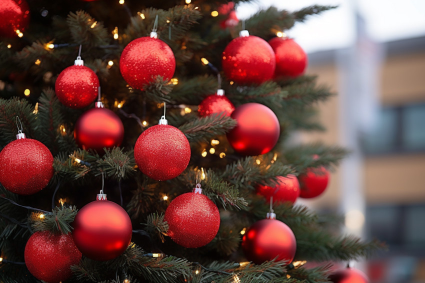 A close up photo of an outdoor Christmas tree decorated with bri