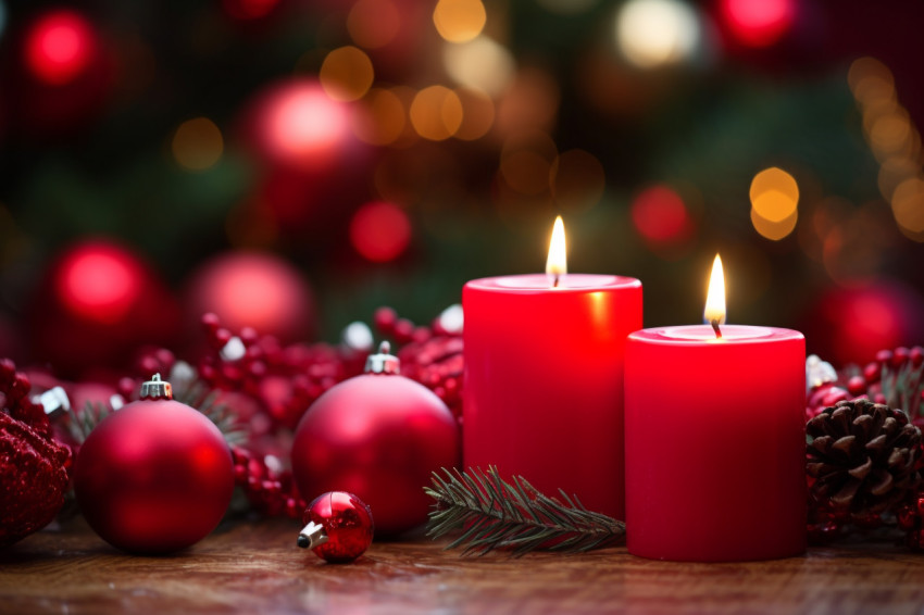 A picture of a red candle and Christmas ornaments