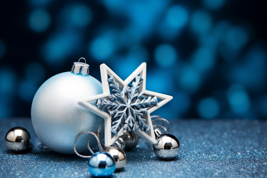 A picture of blue and silver Christmas decorations with space to