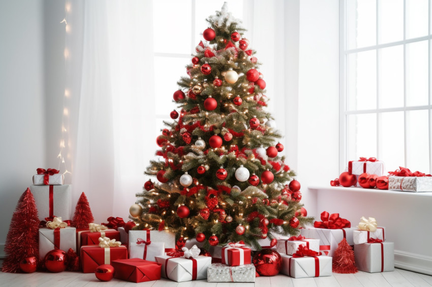 A photo of a Christmas tree with red presents in a white room