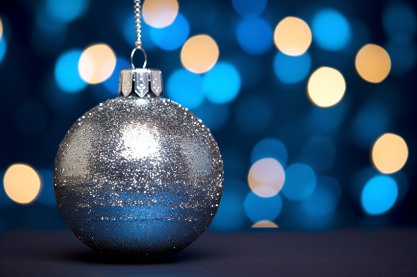 A picture of blue and silver Christmas decorations with space to