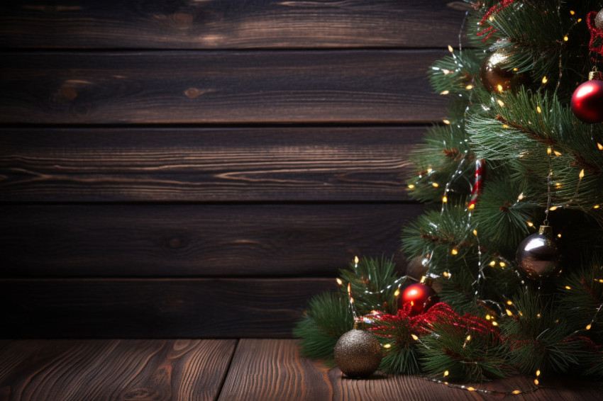 A photo of a Christmas scene with a fir tree and decorations on