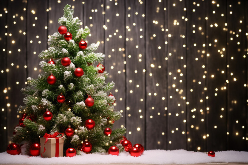 A picture of a Christmas tree with holly berries and snow fallin