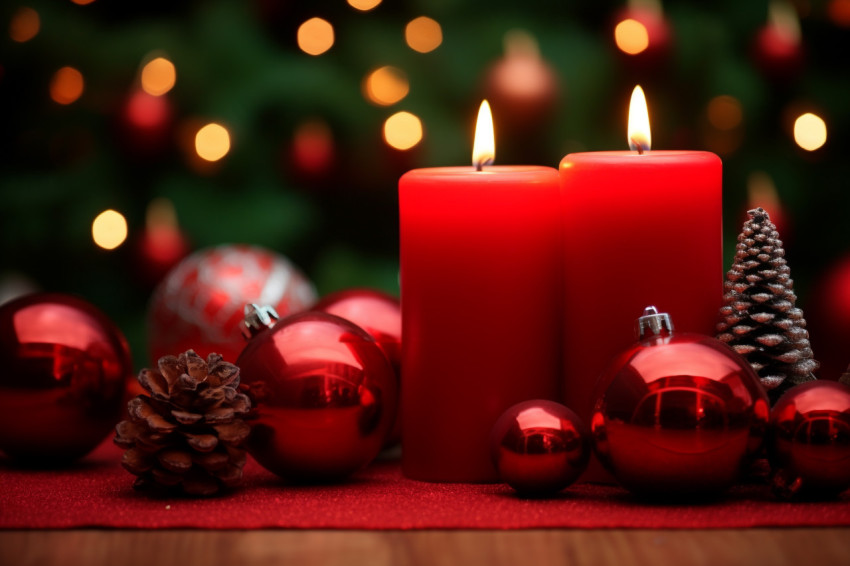 A picture of a red candle and Christmas ornaments