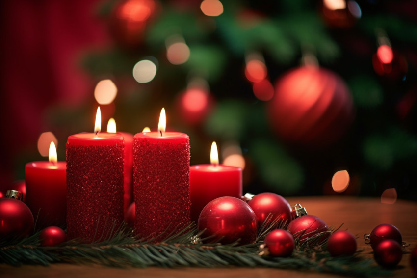 A picture of a red candle and Christmas ornaments