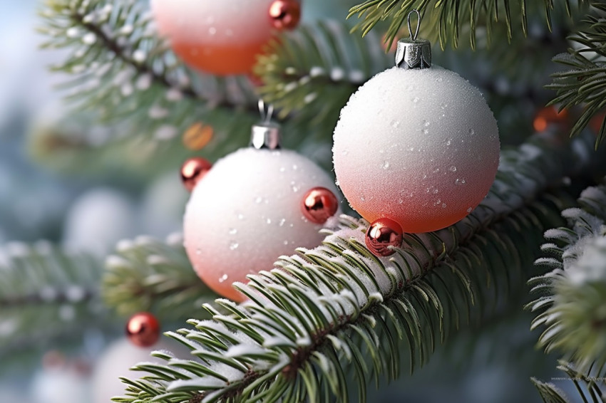 A picture of Christmas ornaments on snow with snow covered fir b