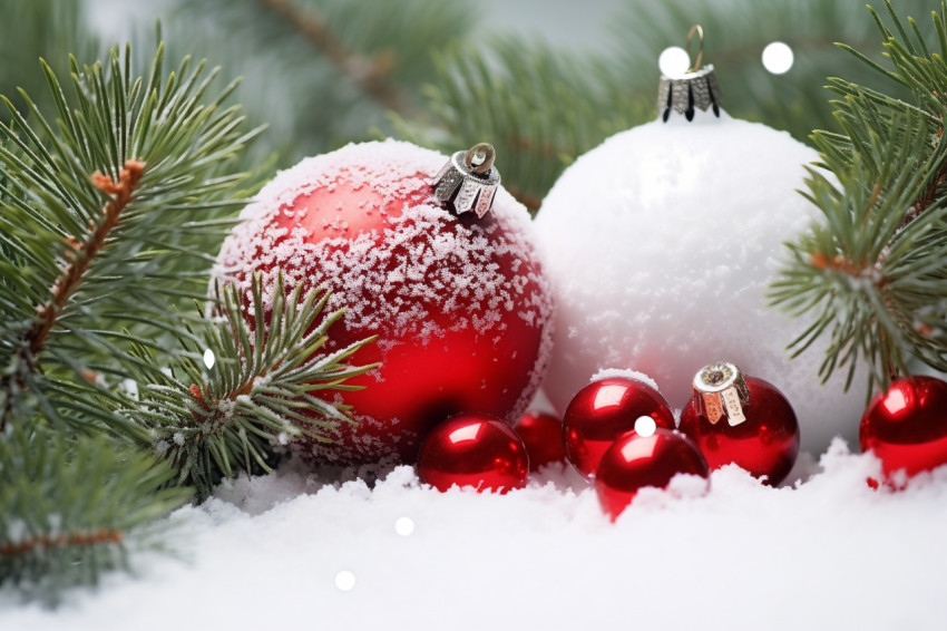 A picture of Christmas ornaments on snow with snow covered fir b