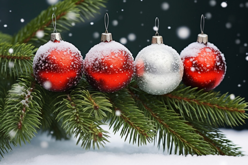 A picture of Christmas ornaments on snow with snow covered fir b