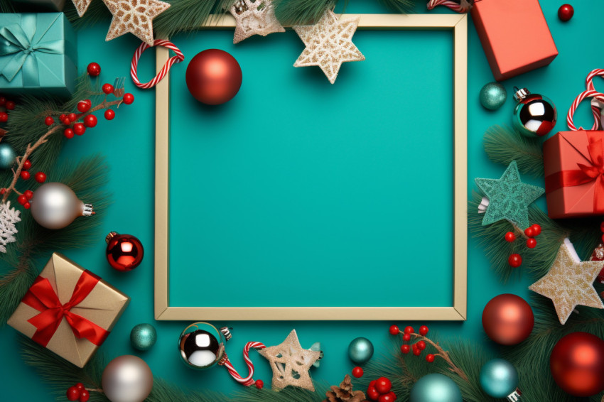 A photo of a Christmas frame with gift boxes, paper decorations,