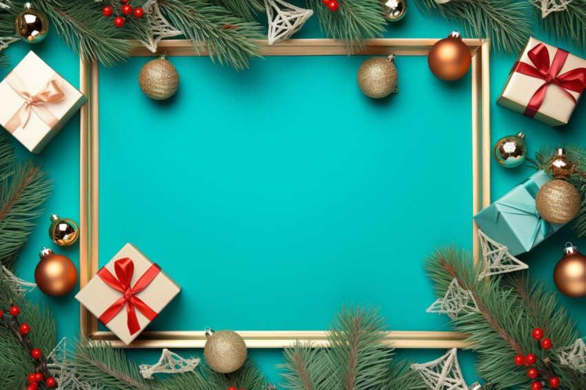 A photo of a Christmas frame with gift boxes, paper decorations,