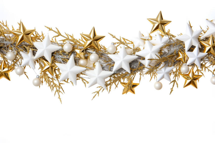 A picture of Christmas tree branches with gold balls, stars, and