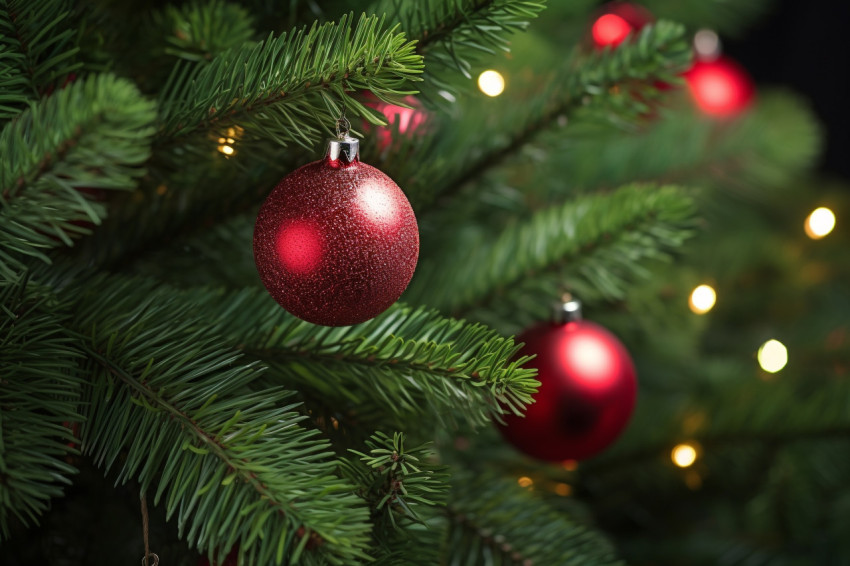 A photo of Christmas decorations, including shiny balls and a br