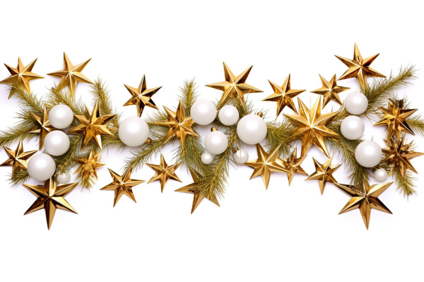 A picture of Christmas tree branches with gold balls, stars, and