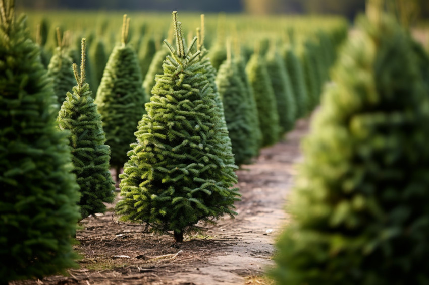 A picture of Christmas trees lined up in rows on a farm