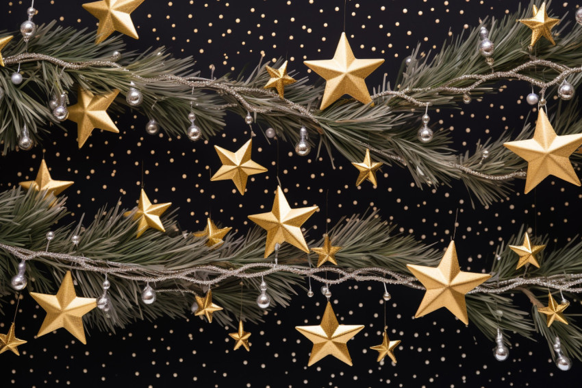 A picture of Christmas tree branches with gold balls, stars, and