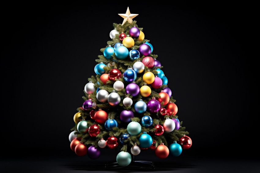 A happy picture of a Christmas tree with colorful ornaments take