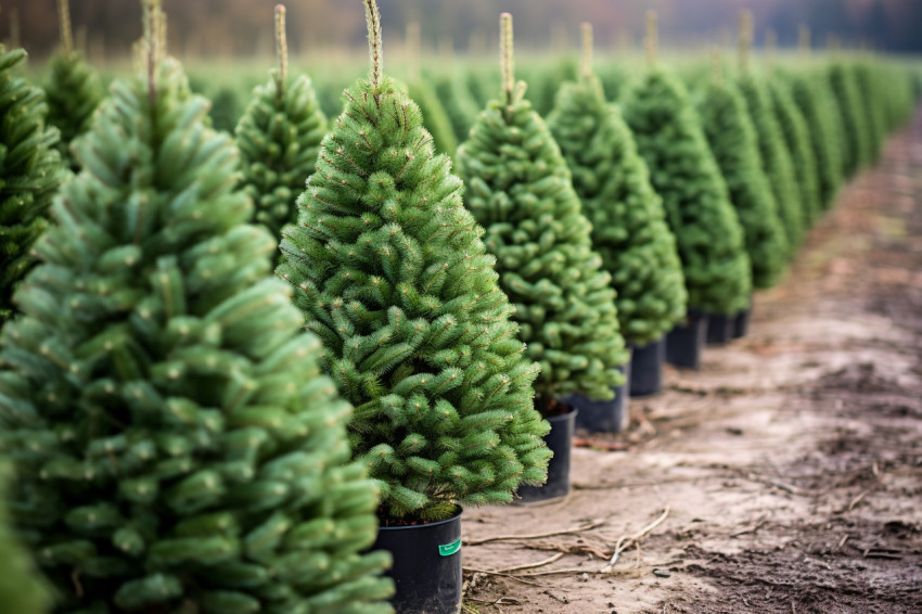 A picture of Christmas trees lined up in rows on a farm