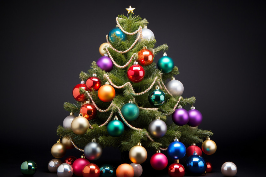 A happy picture of a Christmas tree with colorful ornaments take