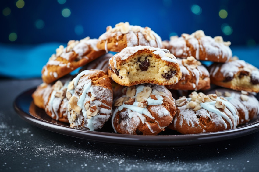 A close up photo of tasty homemade Christmas cookies on a blue p