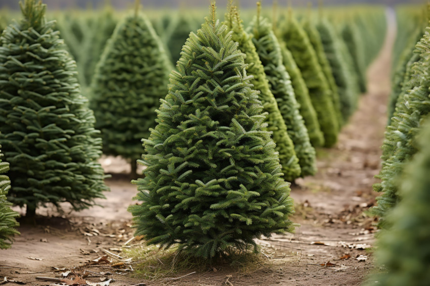 A picture of Christmas trees lined up in rows on a farm