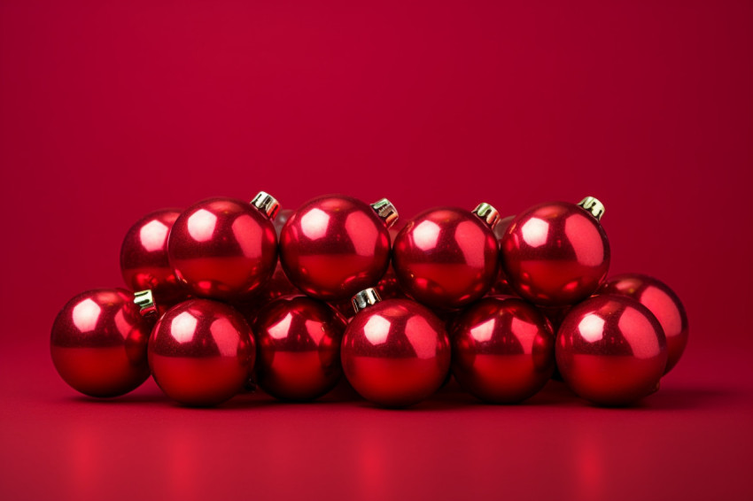 A picture of red Christmas ornaments on a red background, with r