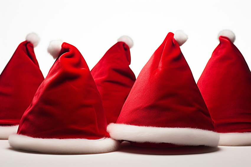 A picture of a group of red Santa Claus hats on a plain white ba