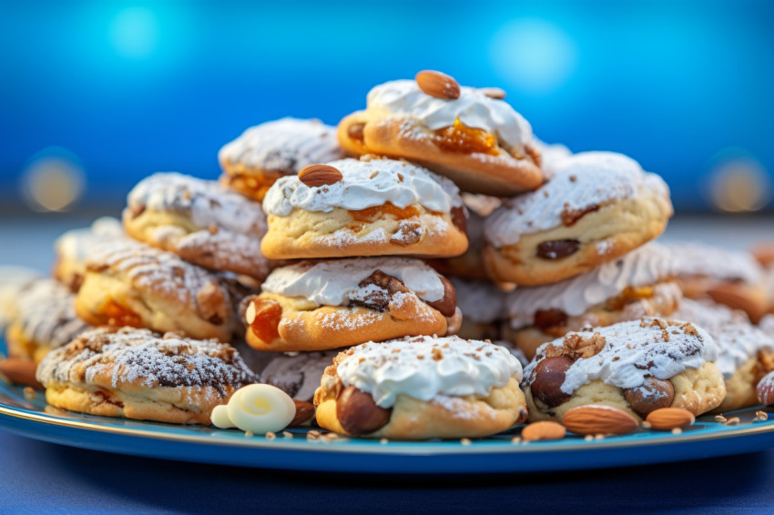 A close up photo of tasty homemade Christmas cookies on a blue p