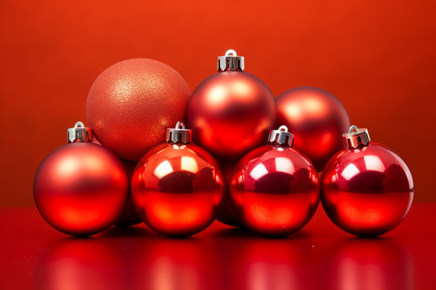 A picture of red Christmas ornaments on a red background, with r