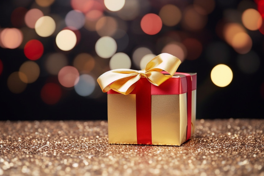 A photo of a Christmas gift box with a gold bow on a background