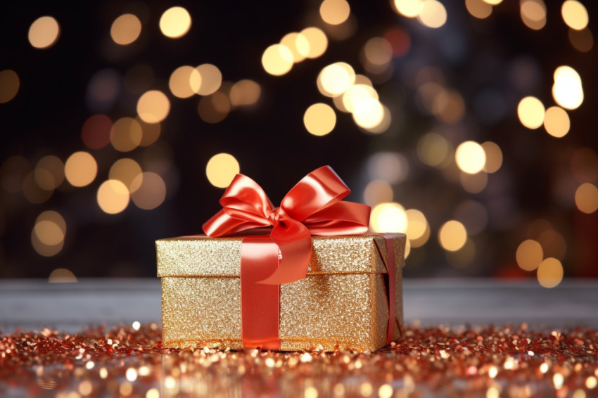 A photo of a Christmas gift box with a gold bow on a background