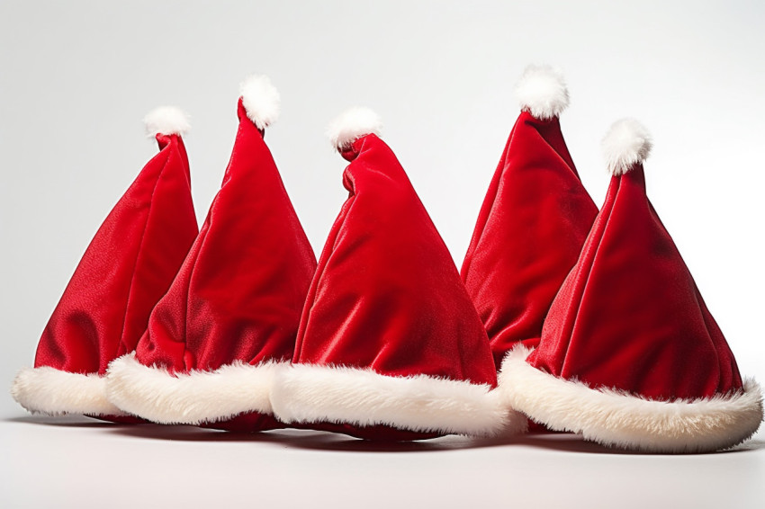 A picture of a group of red Santa Claus hats on a plain white ba