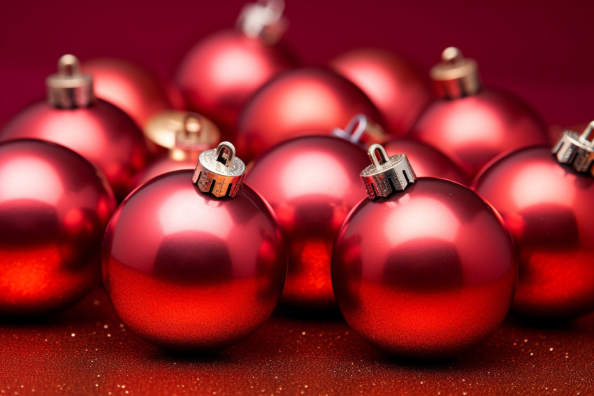 A picture of red Christmas ornaments on a red background, with r