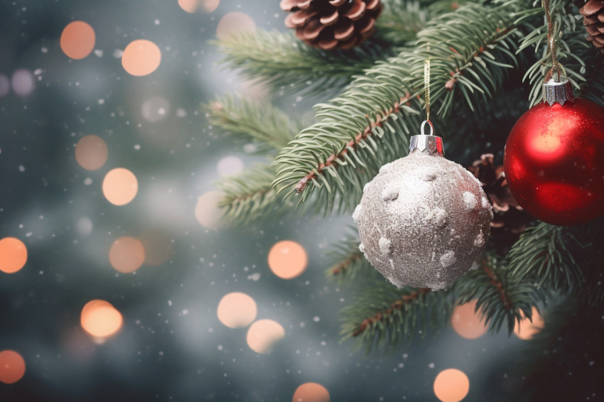 A picture of a Christmas banner with snowy ornaments, pine cones