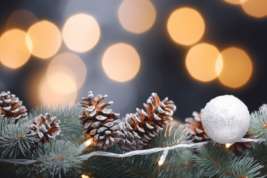 A picture of a Christmas banner with snowy ornaments, pine cones