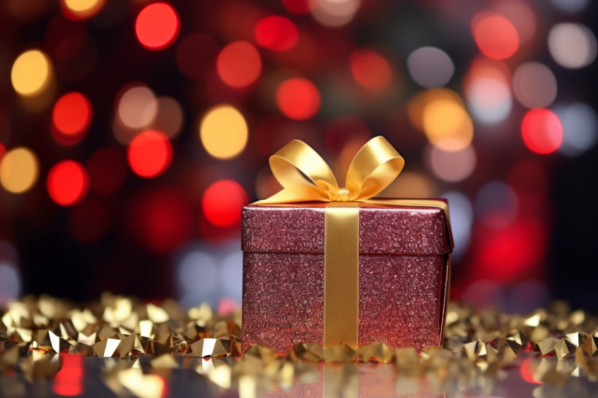 A photo of a Christmas gift box with a gold bow on a background