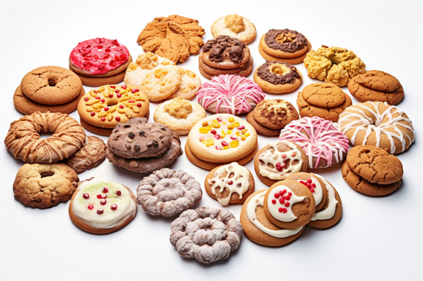 A picture of a variety of Christmas cookies on a plain white bac