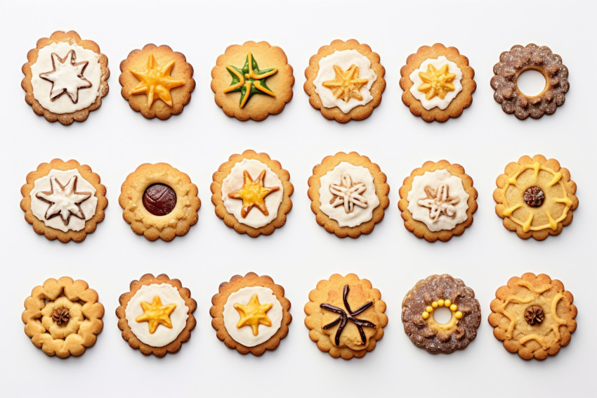 A picture of a variety of Christmas cookies on a plain white bac