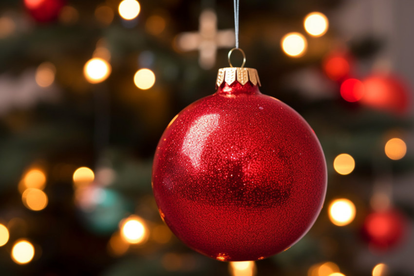 A close up photo of a single red ornament on a Christmas tree wi