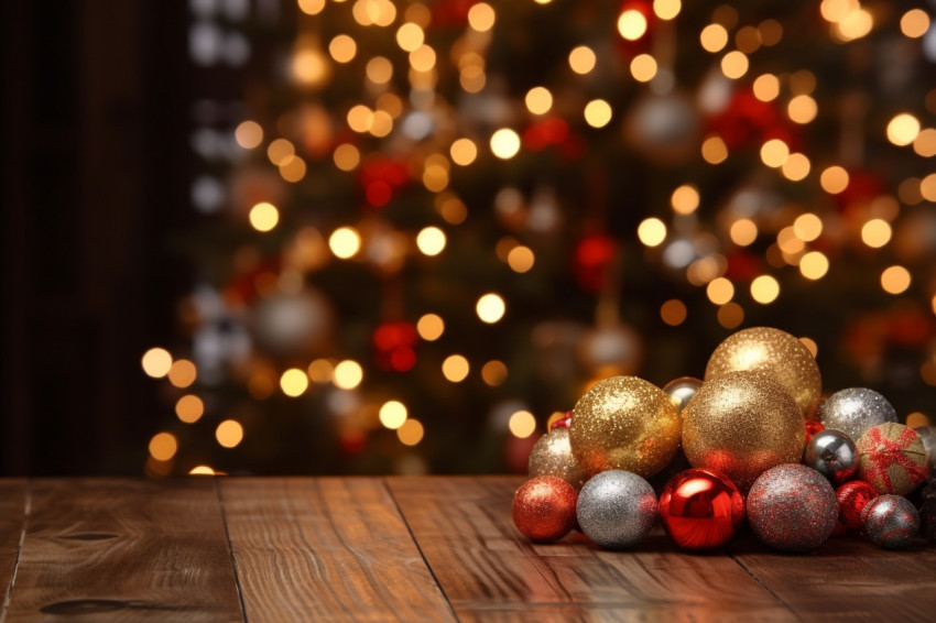 A picture of a Christmas scene with a wooden table in front of a