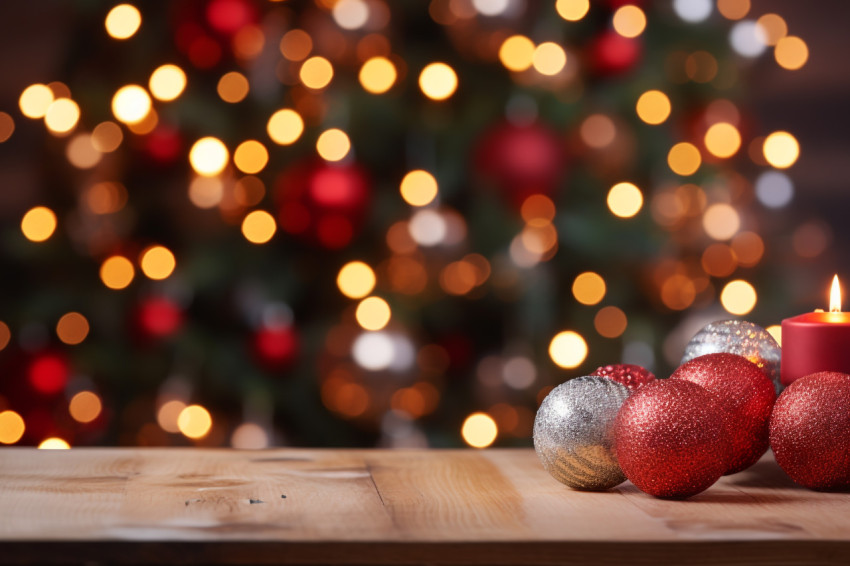 A picture of a Christmas scene with a wooden table in front of a