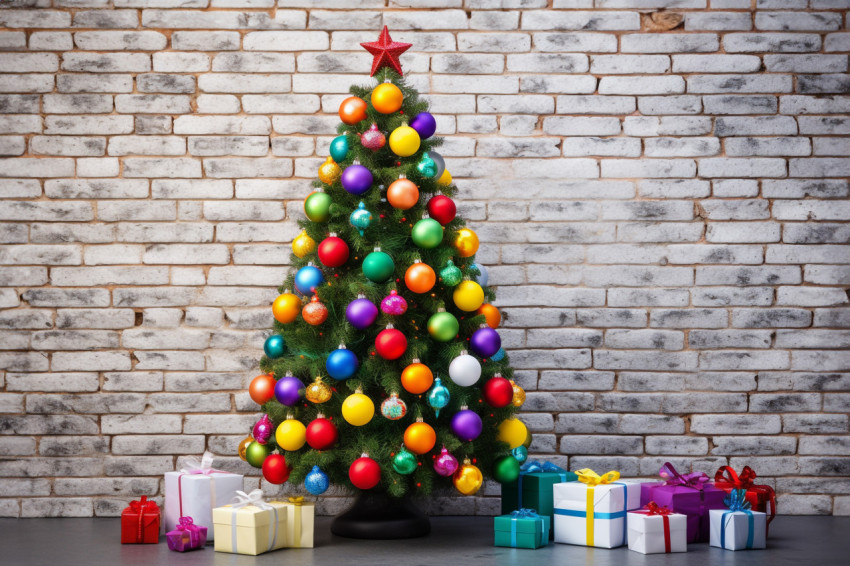 A picture of a Christmas tree with colorful ornaments and presen