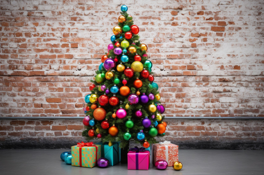 A picture of a Christmas tree with colorful ornaments and presen