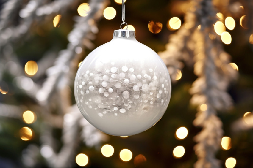 A close up photo of a white Christmas ornament hanging on a deco