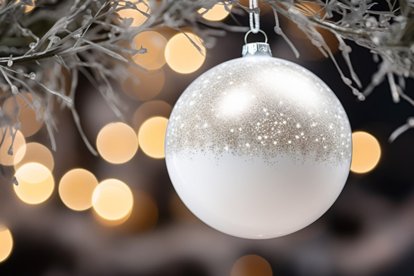 A close up photo of a white Christmas ornament hanging on a deco