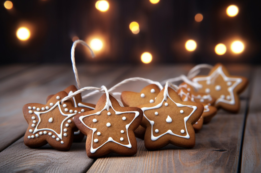 A photo of gingerbread cookies hanging from a wooden background