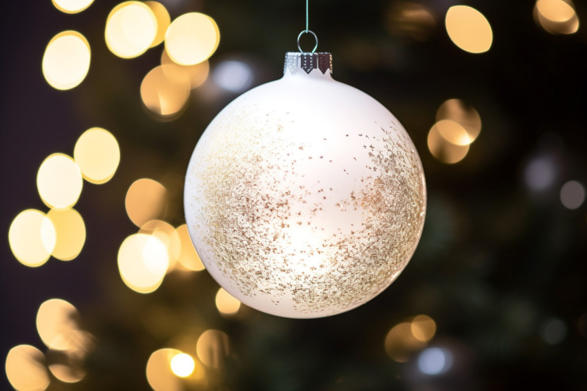 A close up photo of a white Christmas ornament hanging on a deco