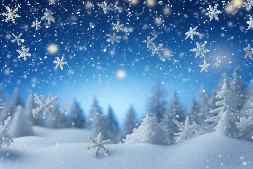 A photo of a beautiful winter scene with snowflakes and soft, bl