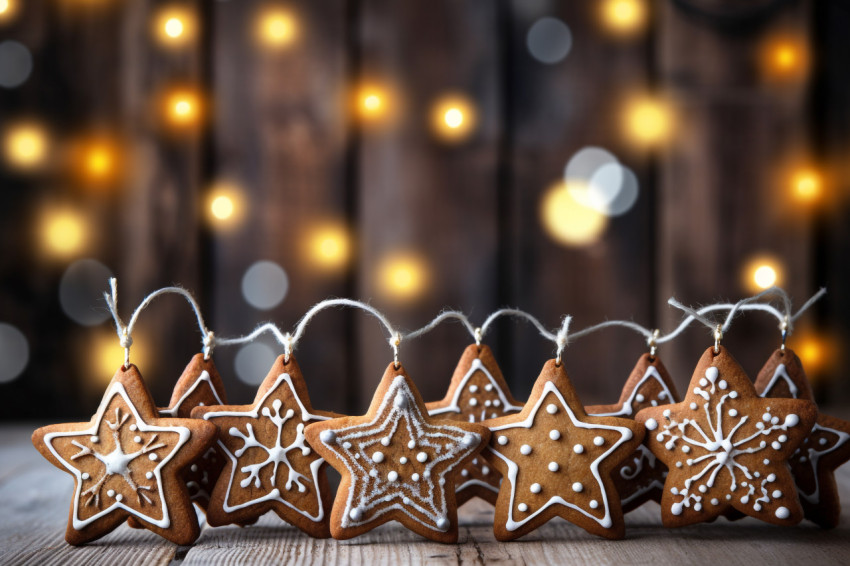 A photo of gingerbread cookies hanging from a wooden background