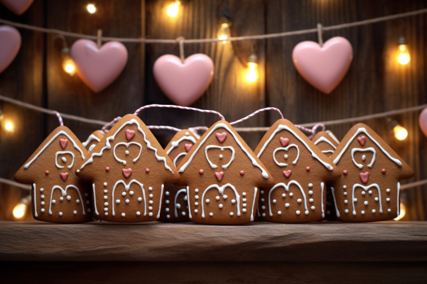 A photo of gingerbread cookies hanging from a wooden background